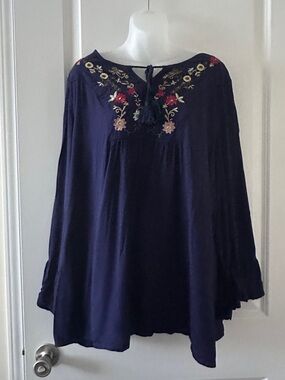 Vintage Navy Blue Flower Embroidered Long Sleeve Boho Flowy Top Women’s Size XL